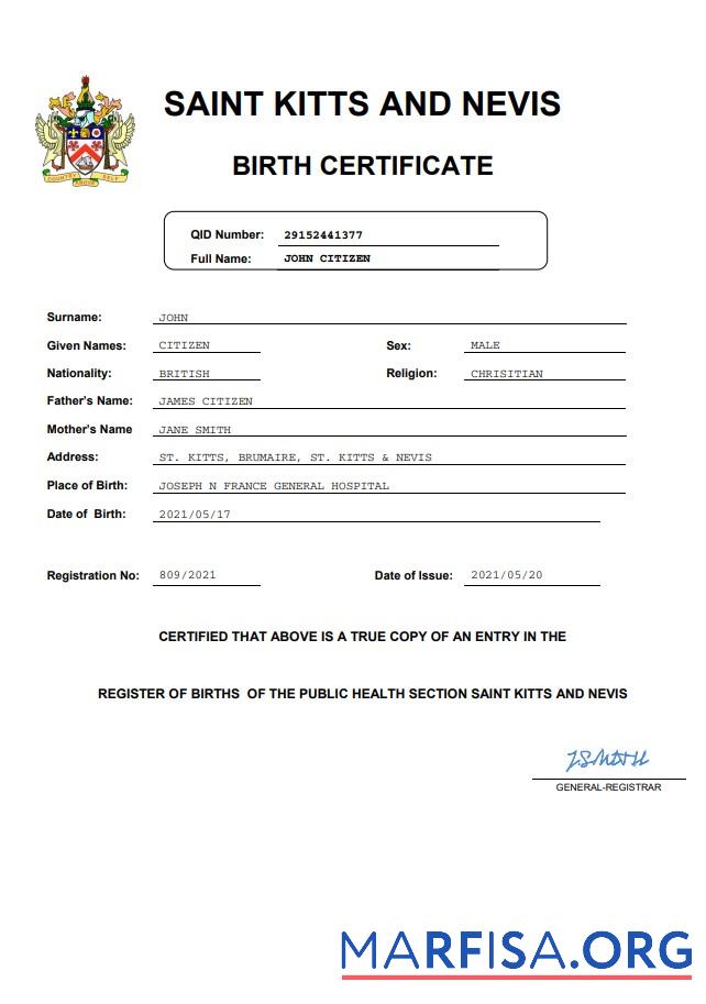 Blank Saint Kitts and Nevis vital record birth certificate Word and PDF template